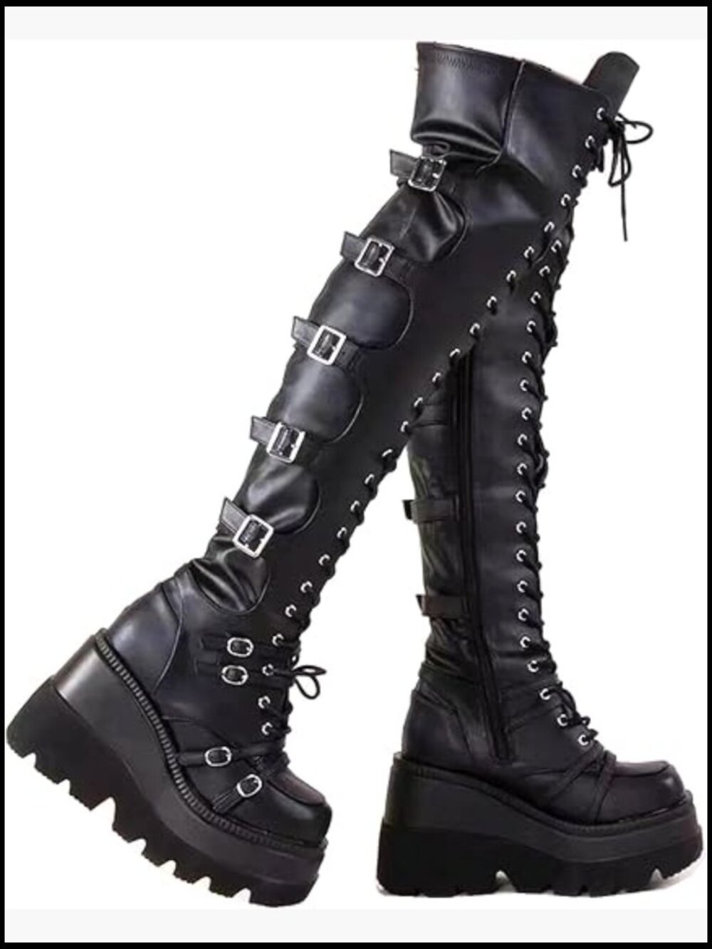Over Knee Platform Boots Chunky Heel Lace Up Goth Motorcycle Boots with Side - Picture 1 of 7